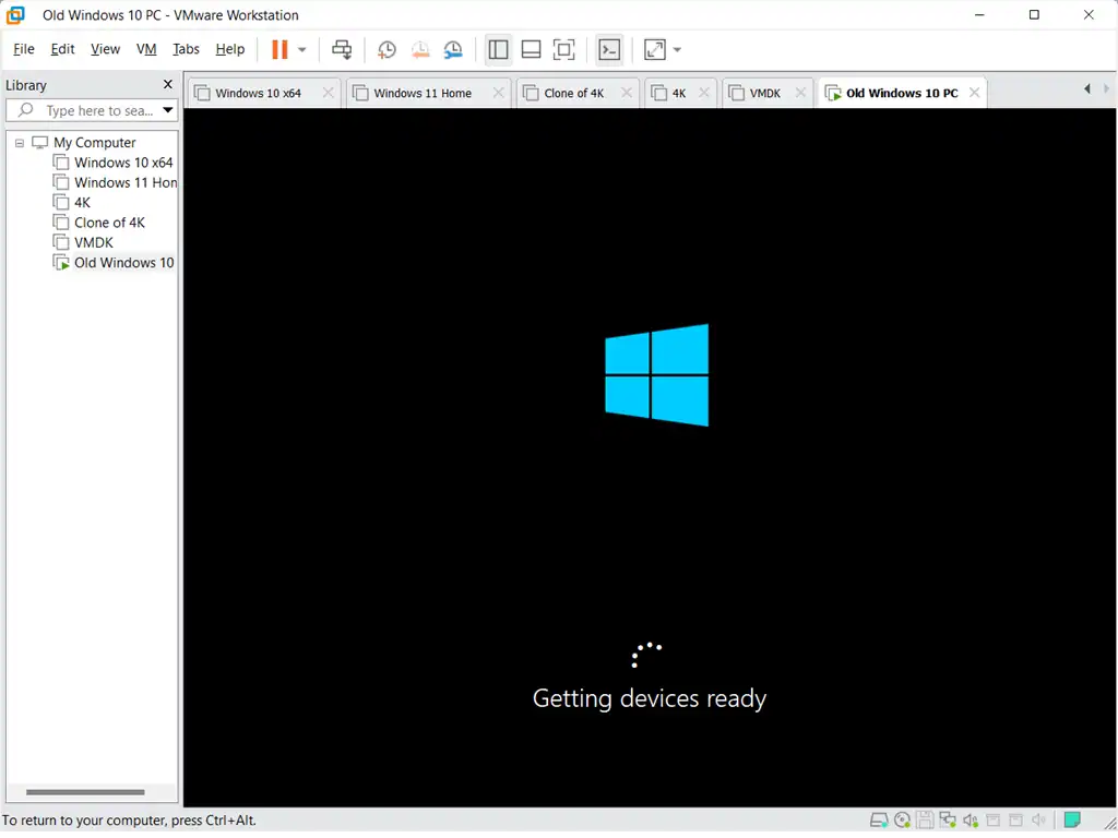 Converted virtual machine starting The imported VM is booting up in VMware.