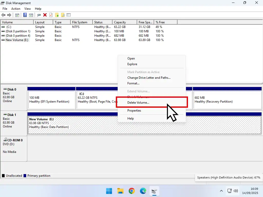 Deleting volumes in Windows Disk Management.