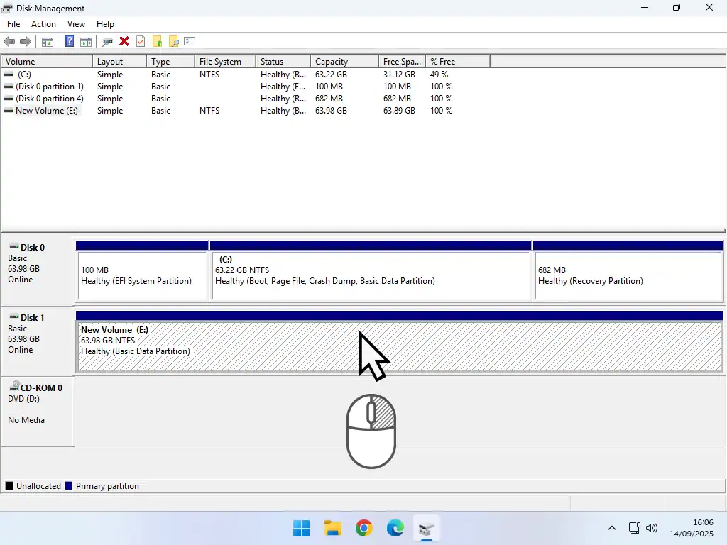 Deleting volumes in Windows Disk Management.