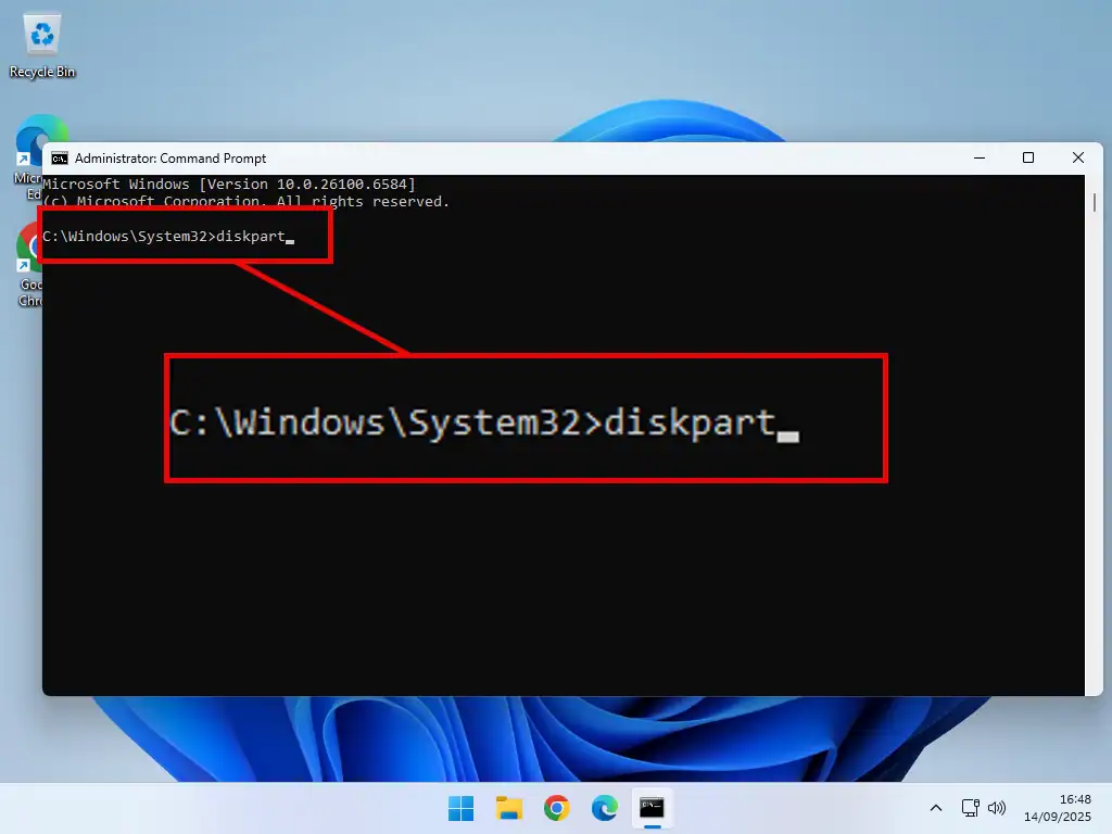 Diskpart has been entered into a command prompt window.