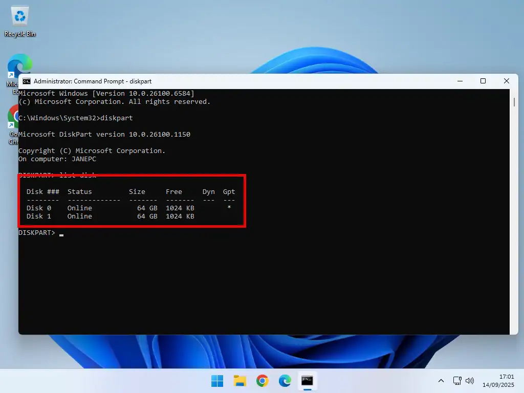 Disk numbers listed in Diskpart.
