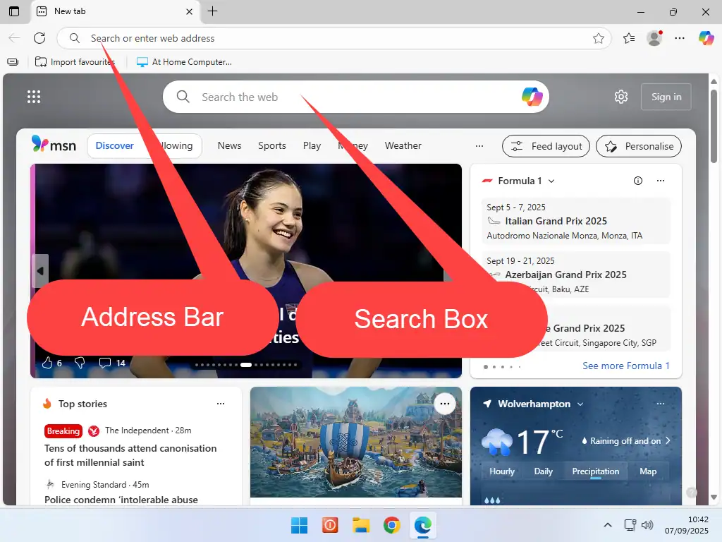 The Address bar and Search box are both indicated on Edge home page.