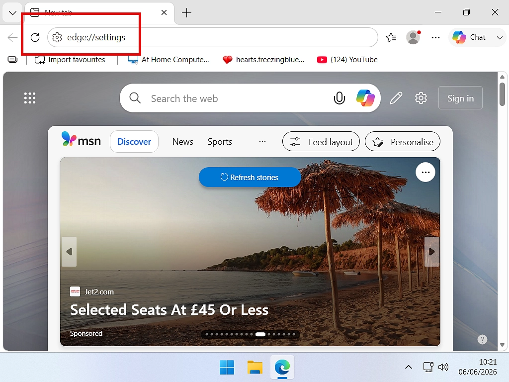 Edge settings shortcut edge://settings typed into the address bar.