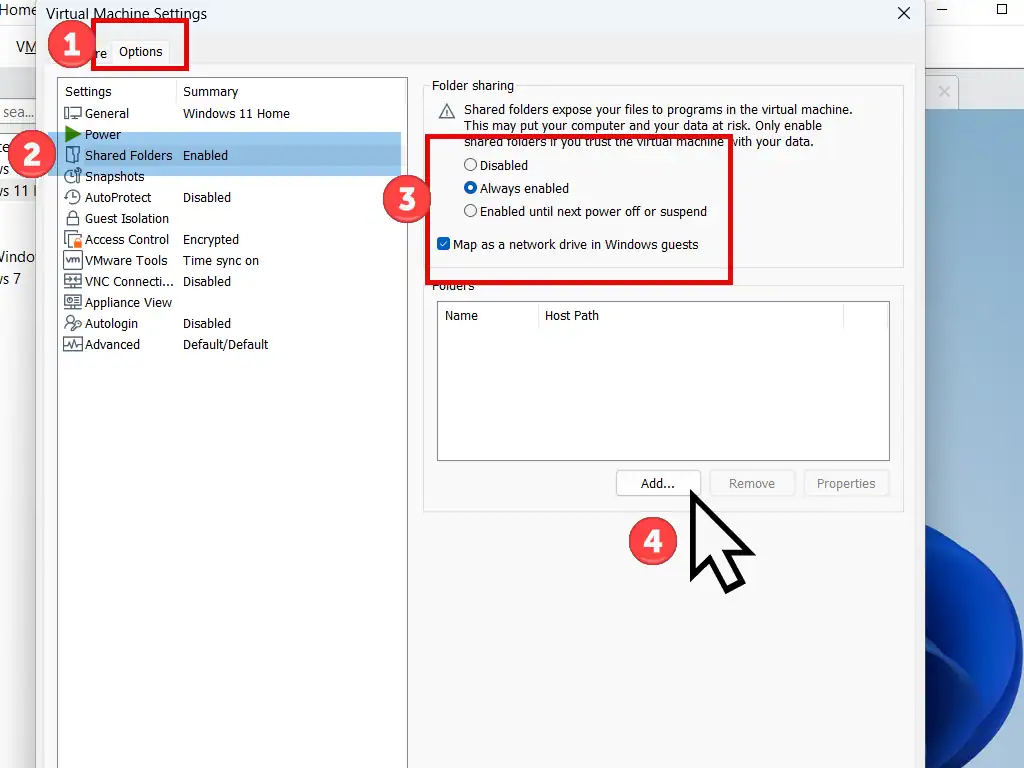 Steps to creating a folder share in VMware.