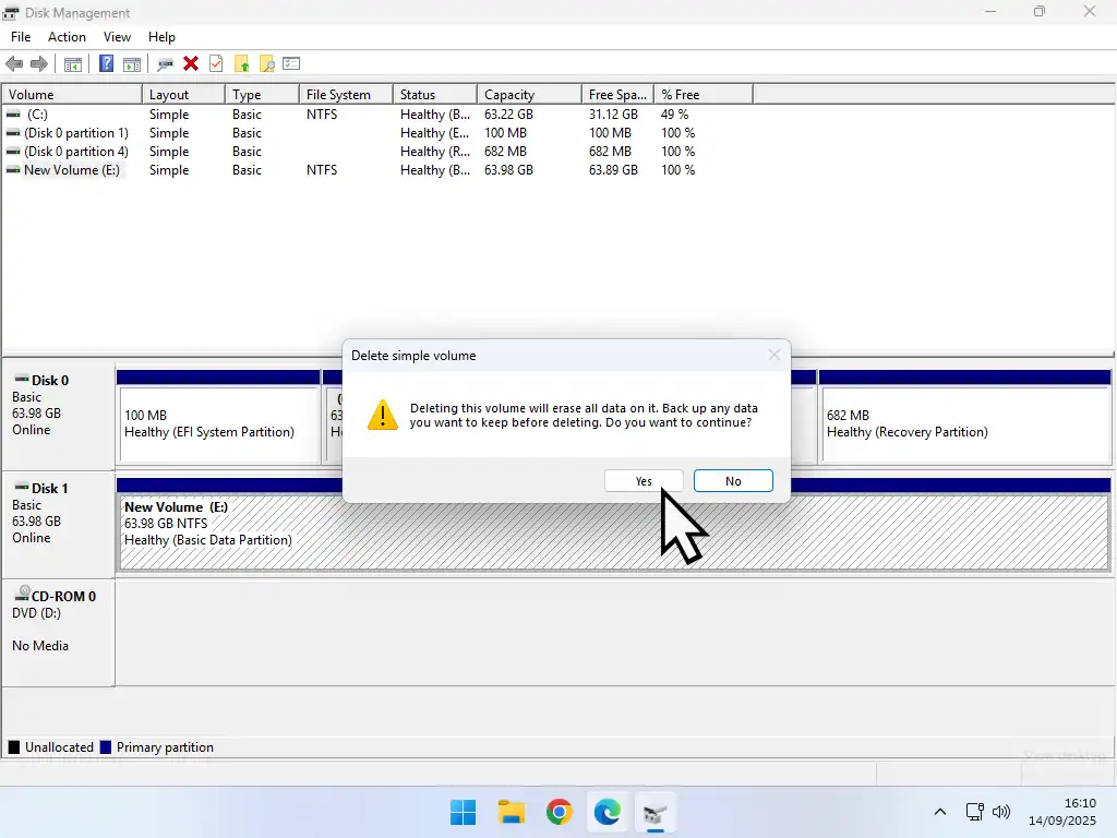 Warning about all dtat being erased. Yes button is indicated.