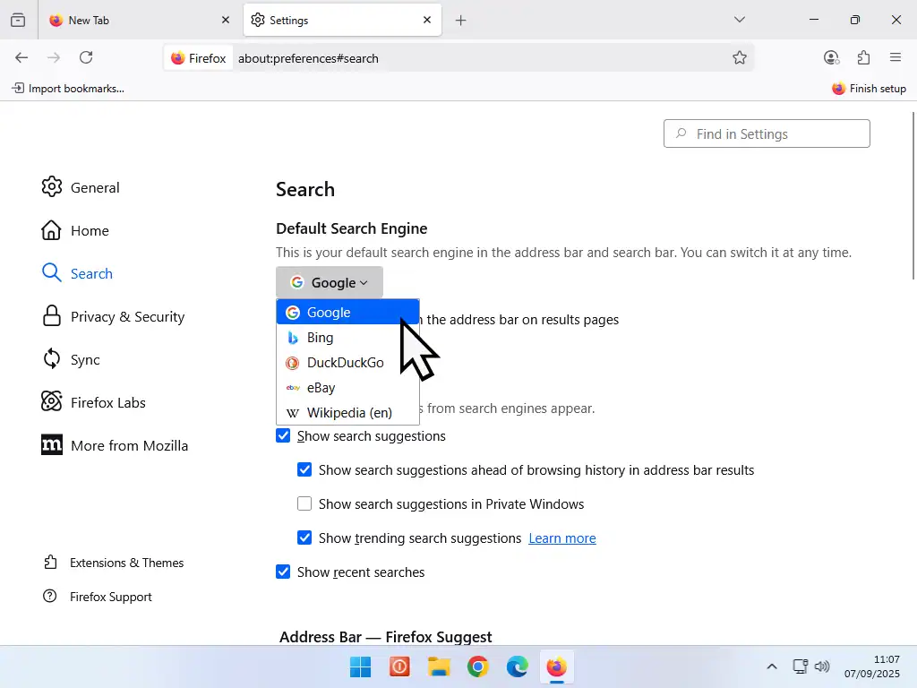 Setting Google as search engine in Firefox.