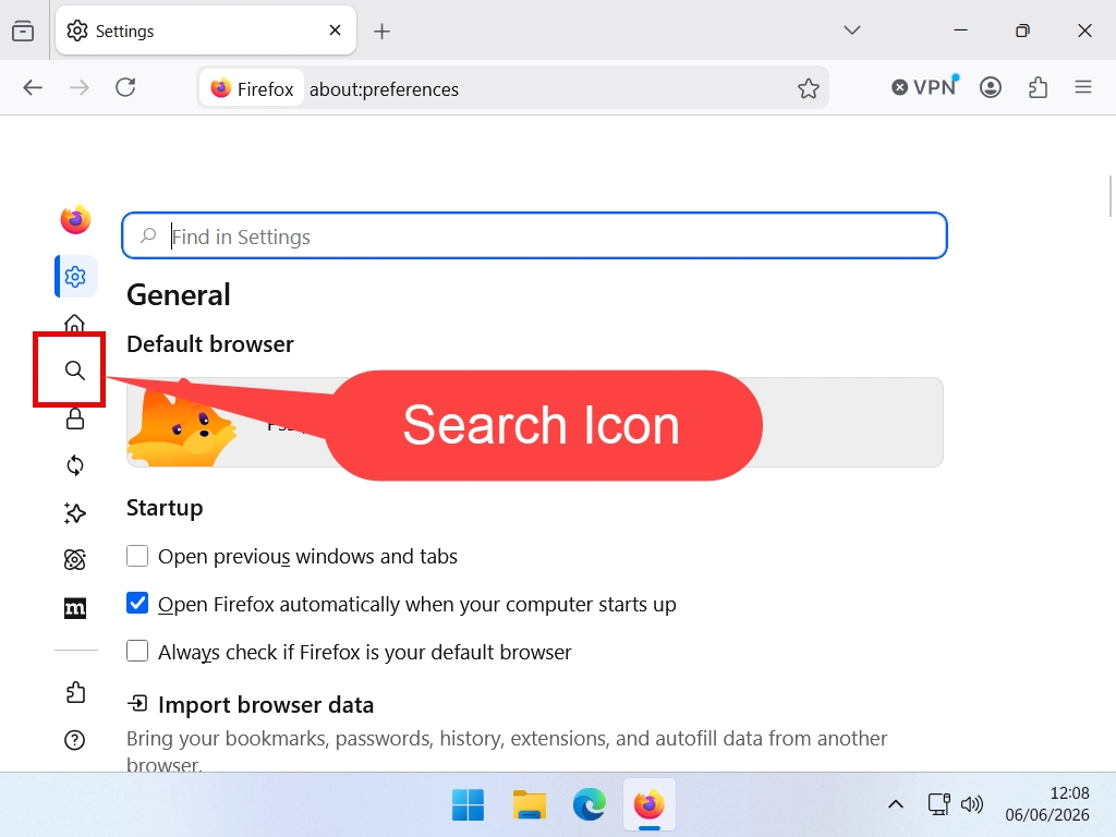 Firefox search icon in settings Firefox search icon indicated in settings