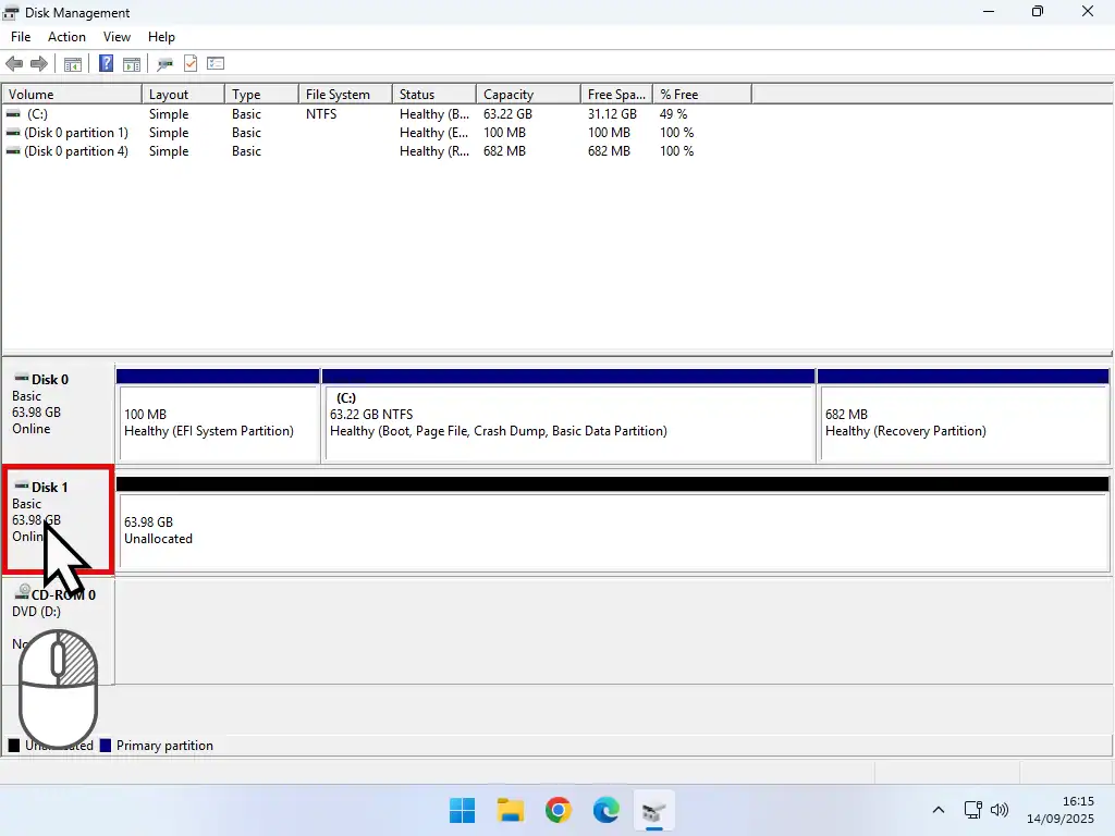 Opening the disk menu options.