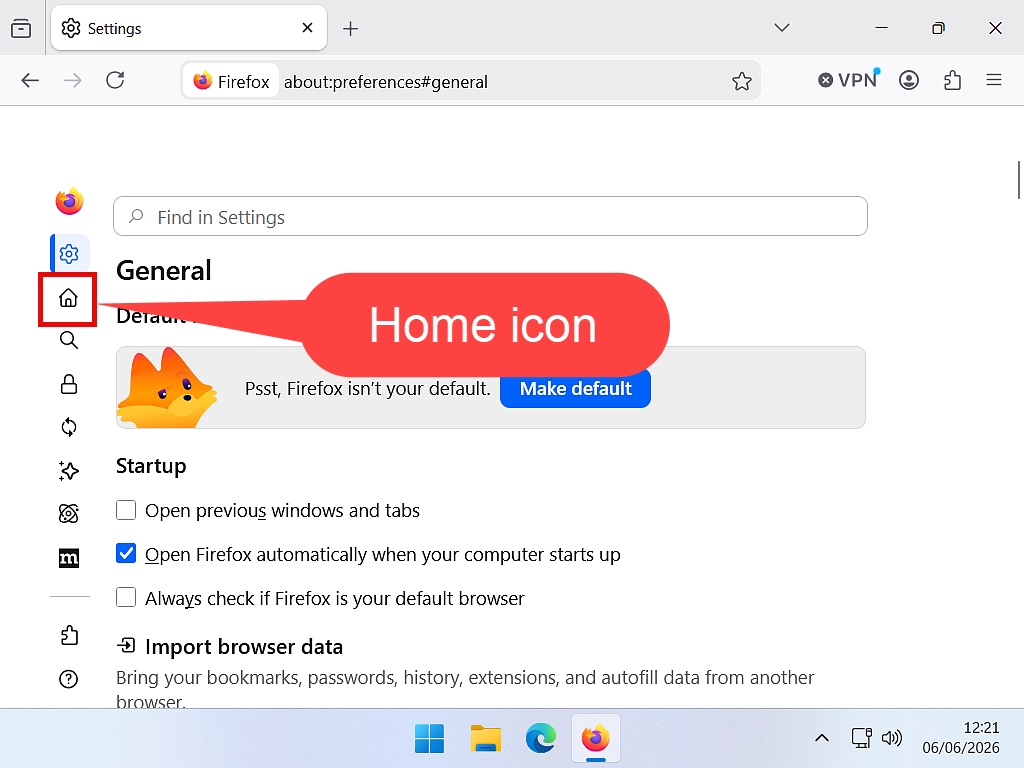 Home icon in Firefox settings How to set Google as the startup page in Firefox.