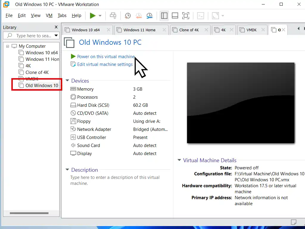 Powering on the imported VM in Workstation Pro.