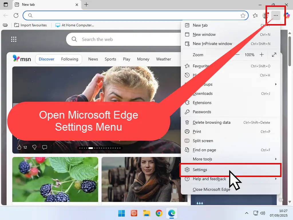 Opening the Microsoft Edge settings menu.