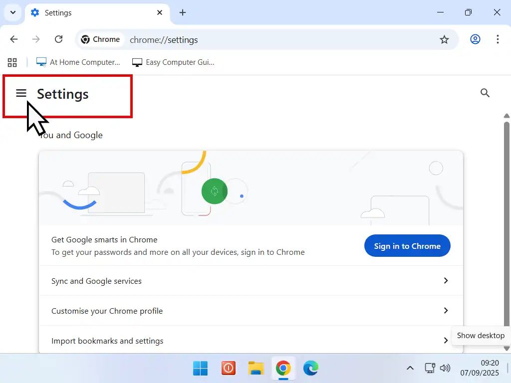 Chrome navigation menu is closed (collapsed). Expand button is indicated.