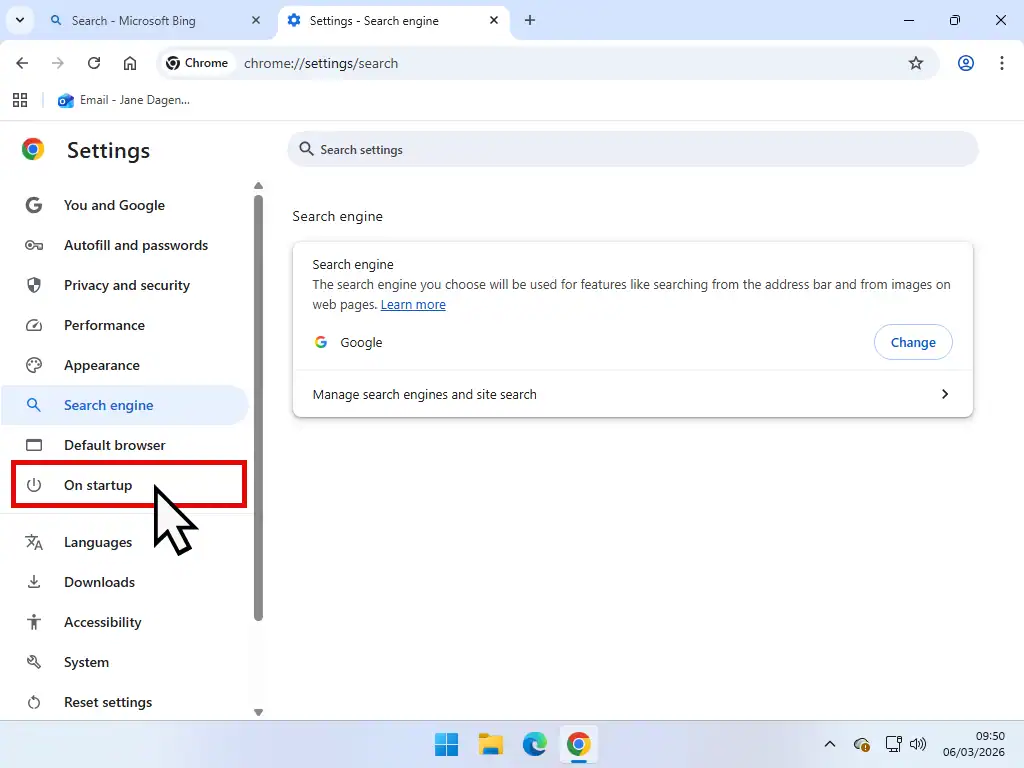On Starup-Chrome Setting Google as the home page in Chrome browser.