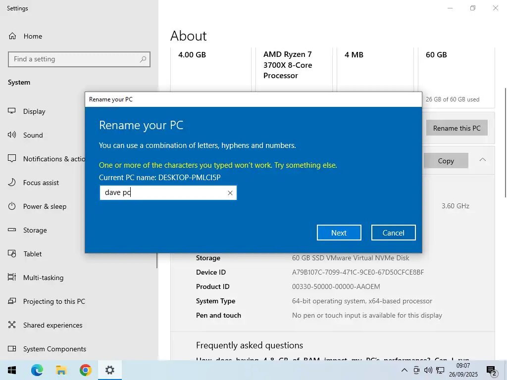 Error message. the PC name is unacceptable.