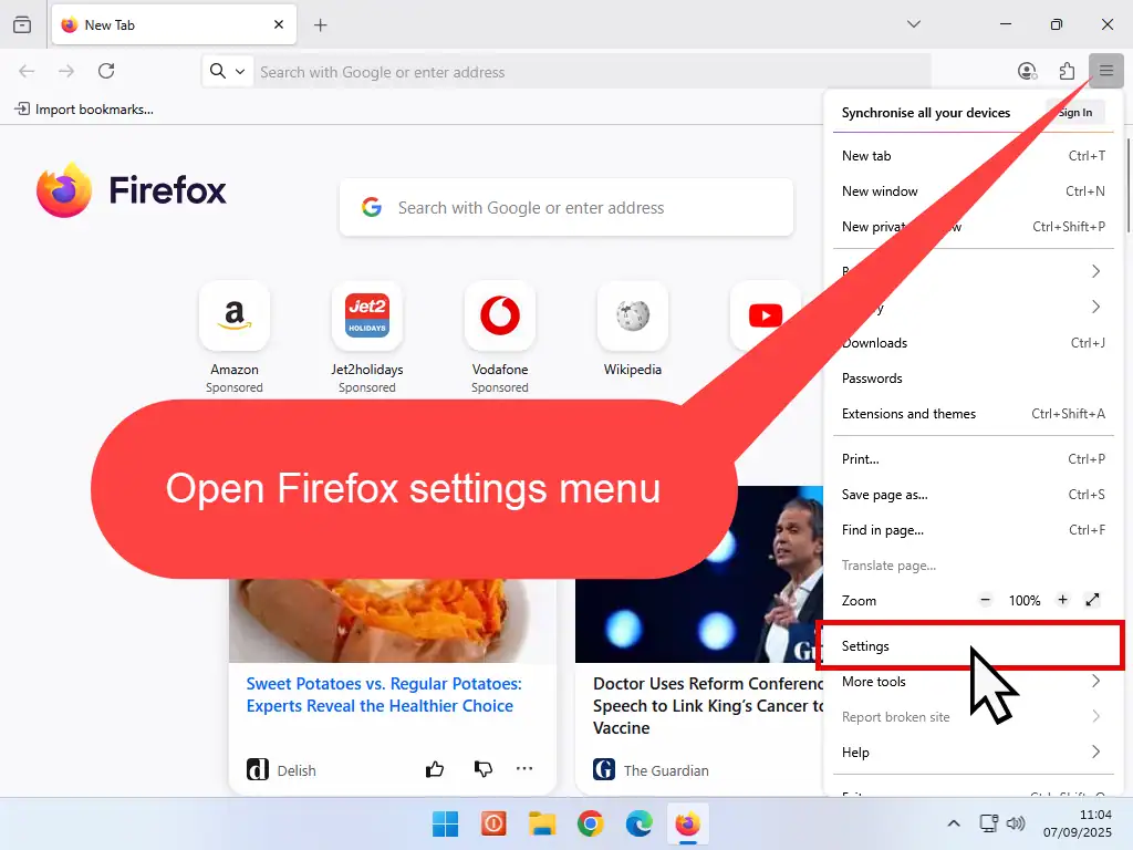 Firefox settings menu.