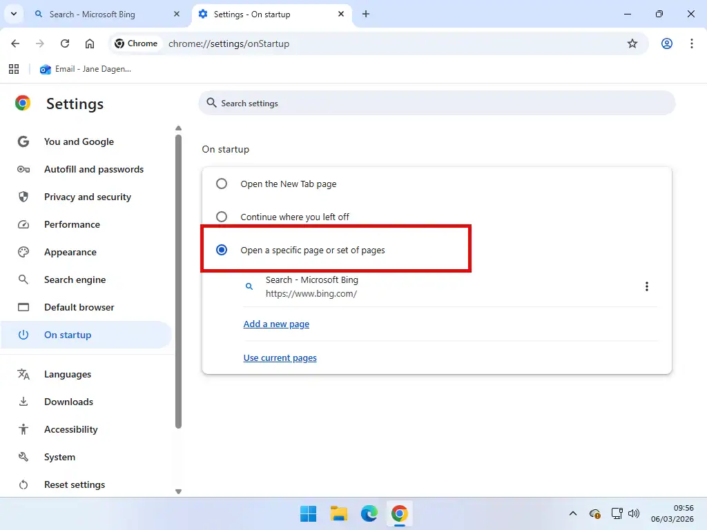 Open a specific page "Open a specific page or set of pages" option is being selected.