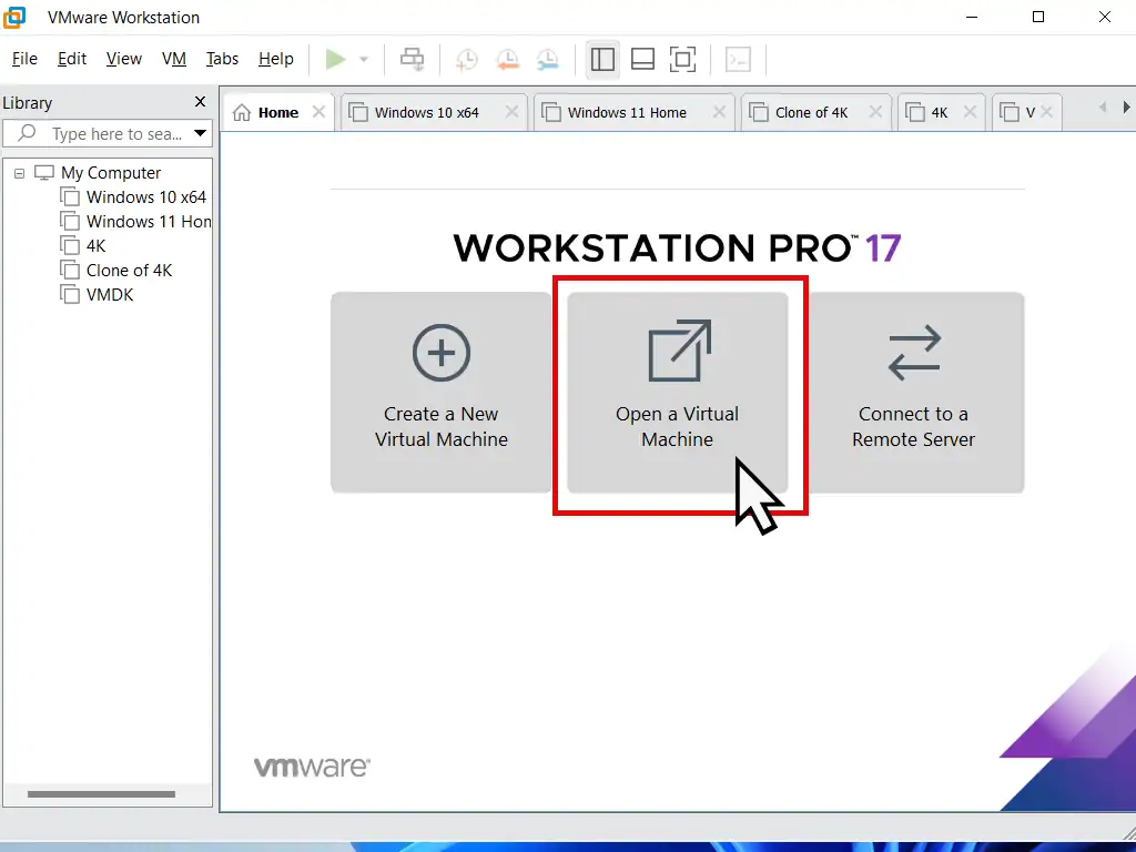 Workstation Pro Hoe Screen. Open a Virtual Machine option is highlighted.
