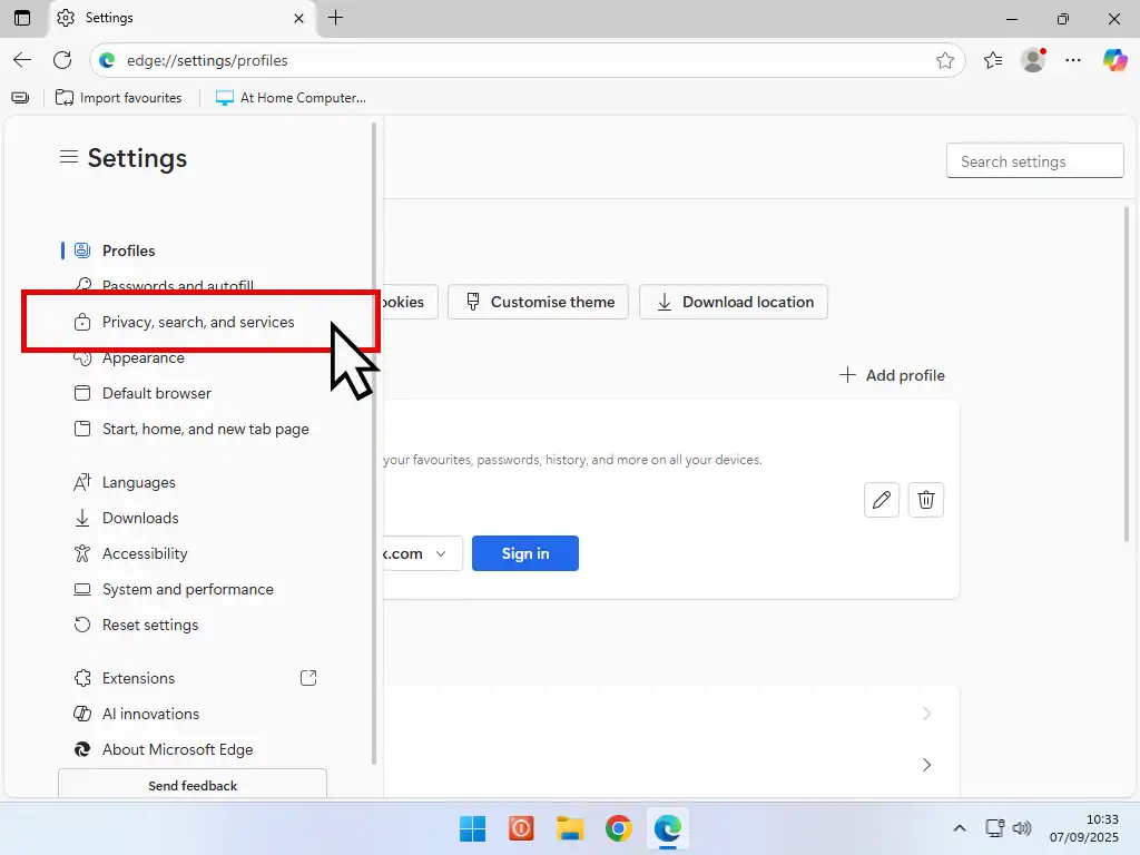 Privacy search and services option highlighted in MS Edge.