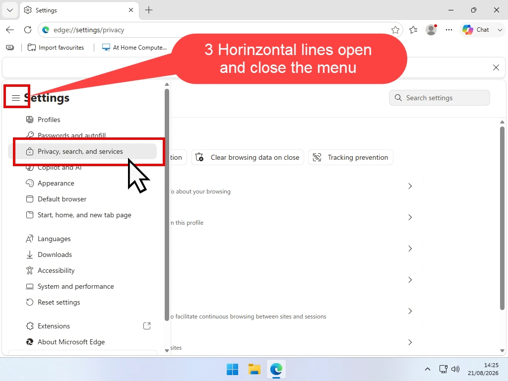 Opening the Settings menu in Edge. Privacy, search and services option highlighted.