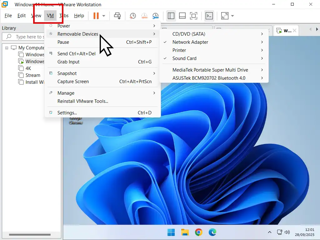 Removable Devices menu in VMware.