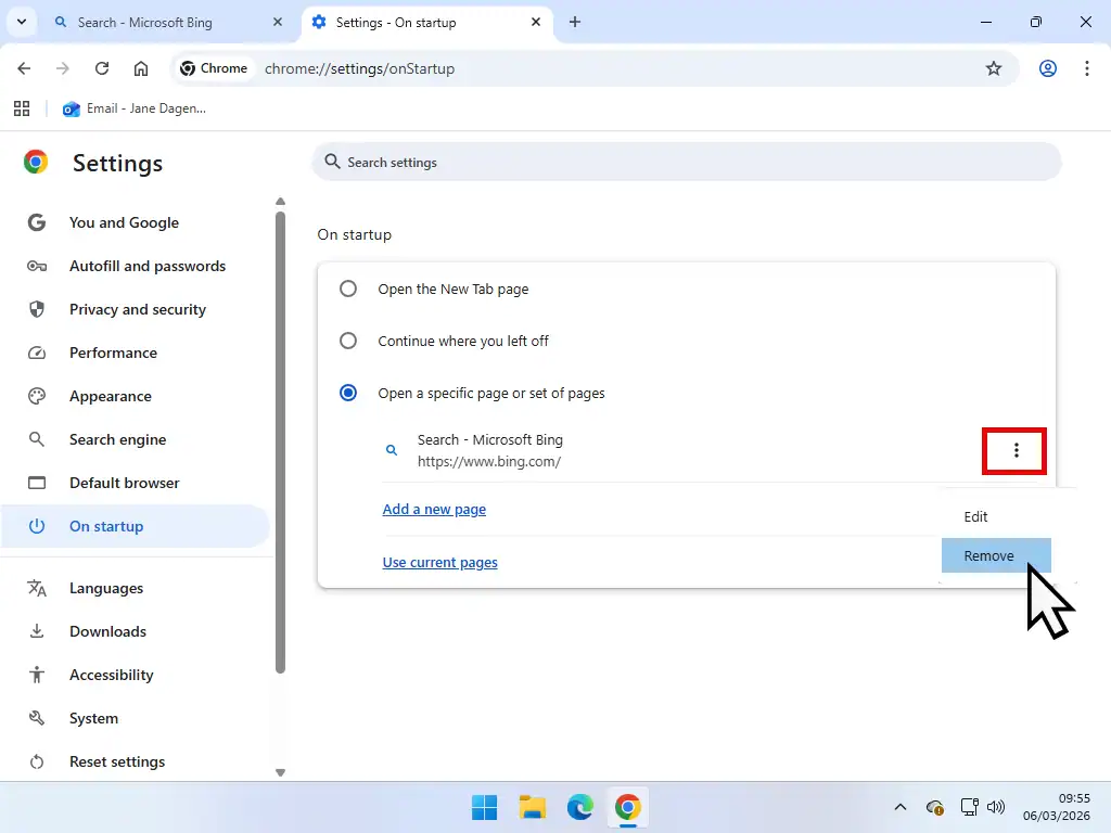 Remove previous startup page-Chrome A previously set start up page is being removed from Chrome browser.
