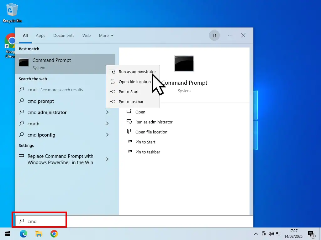 Run Command Prompt as admin-Windows 10