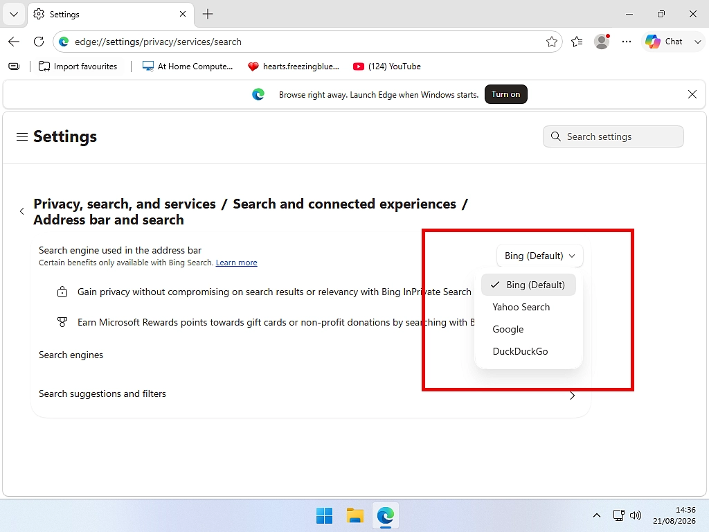 Changing Bing to Google search in the Microsoft Edge address bar setting.