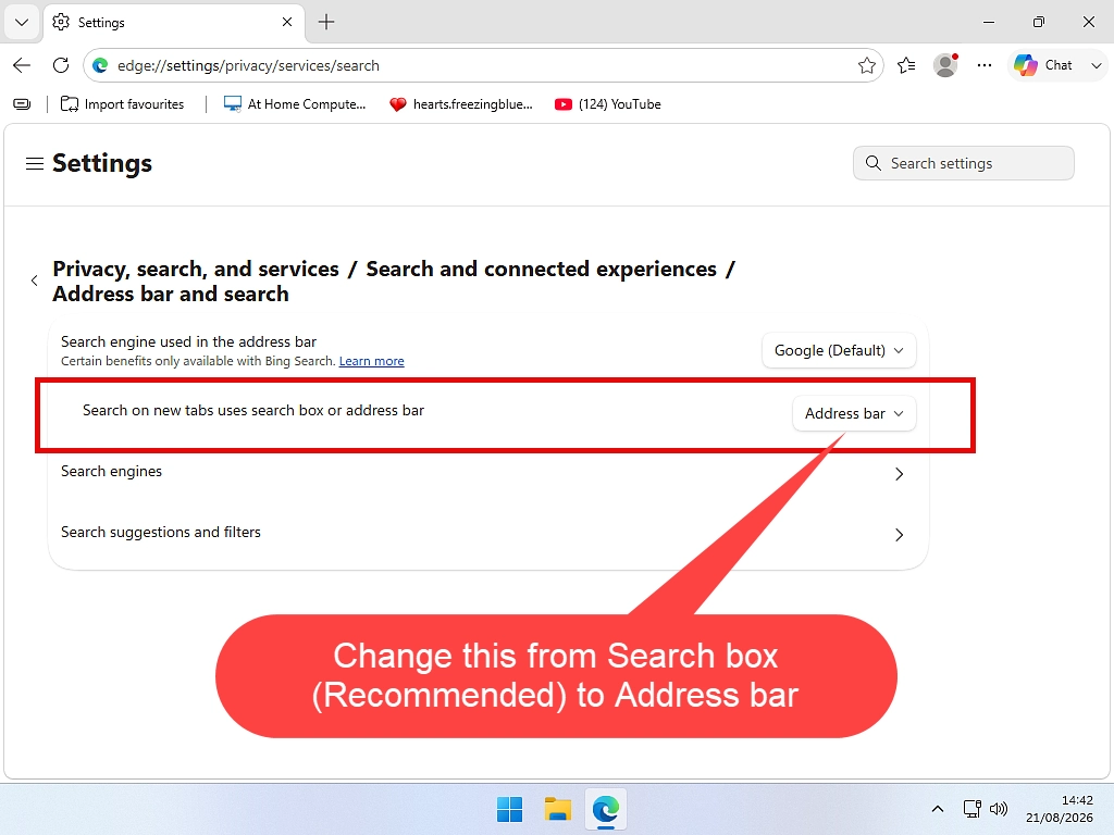 The Edge setting that stops the new tab page using Bing, set to Address bar.