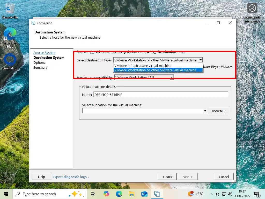 Choosing the file format that the virtual machine should be saved in. Workstation Pro is selected.