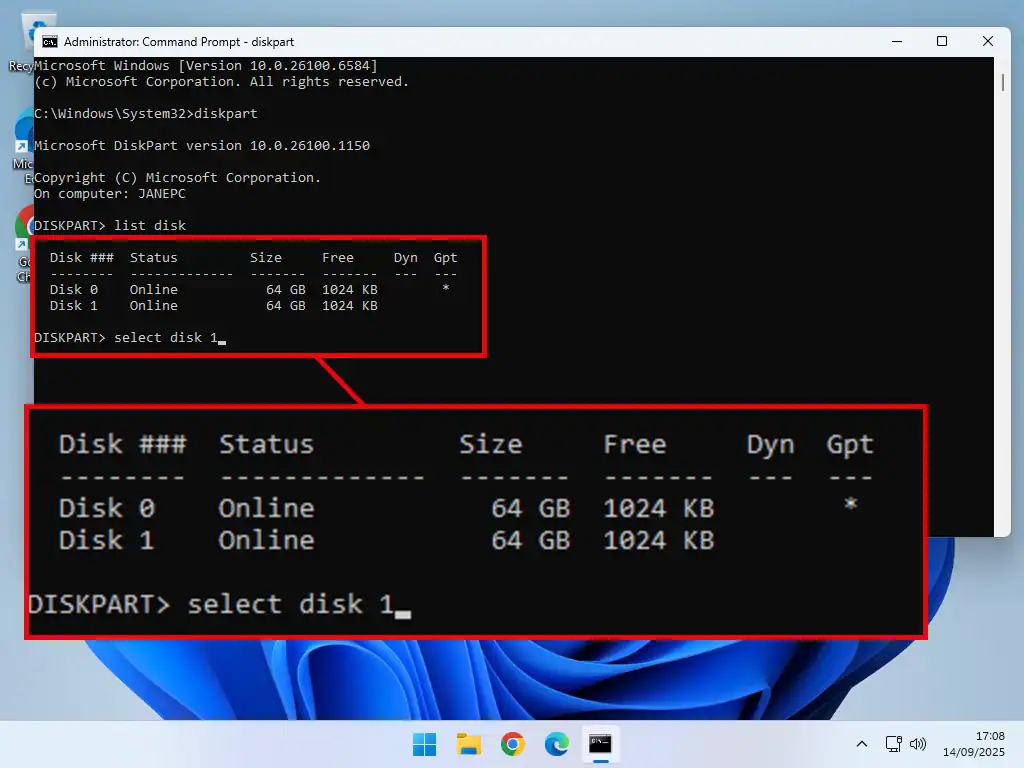 Selecting the disk to convert.