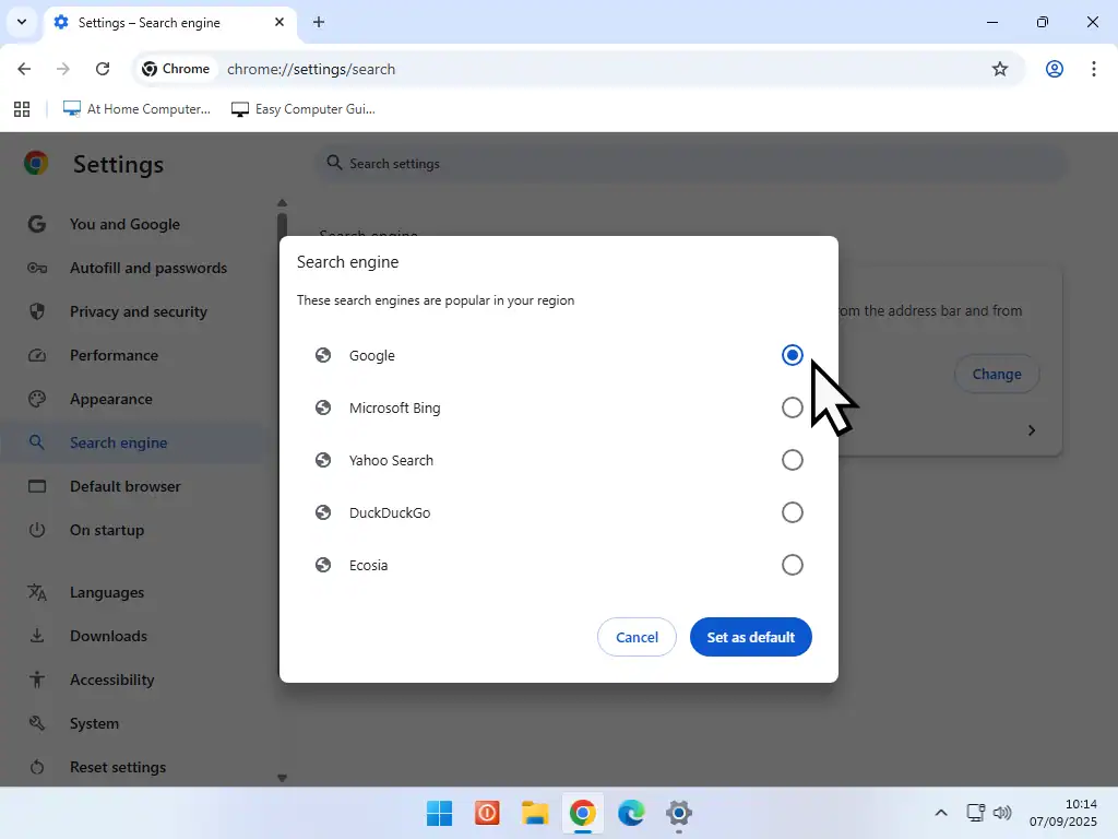 Setting Google as default search engine in Chrome