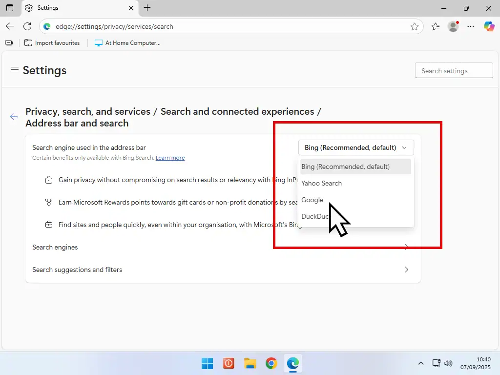 Setting Google as search engine for Microsoft Edge.