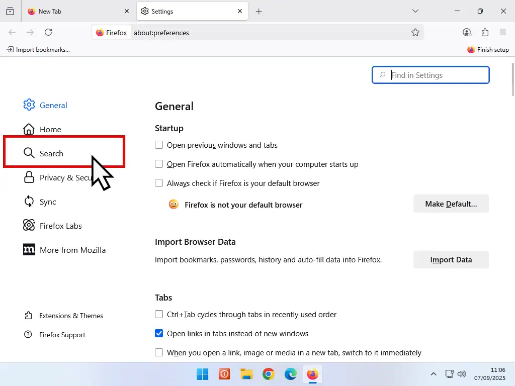 Search option is indicated in Firefox settings menu.