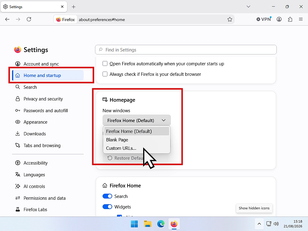 Home and startup option in Firefox settings. Homepage new window drop down menu showing Custom URLs.