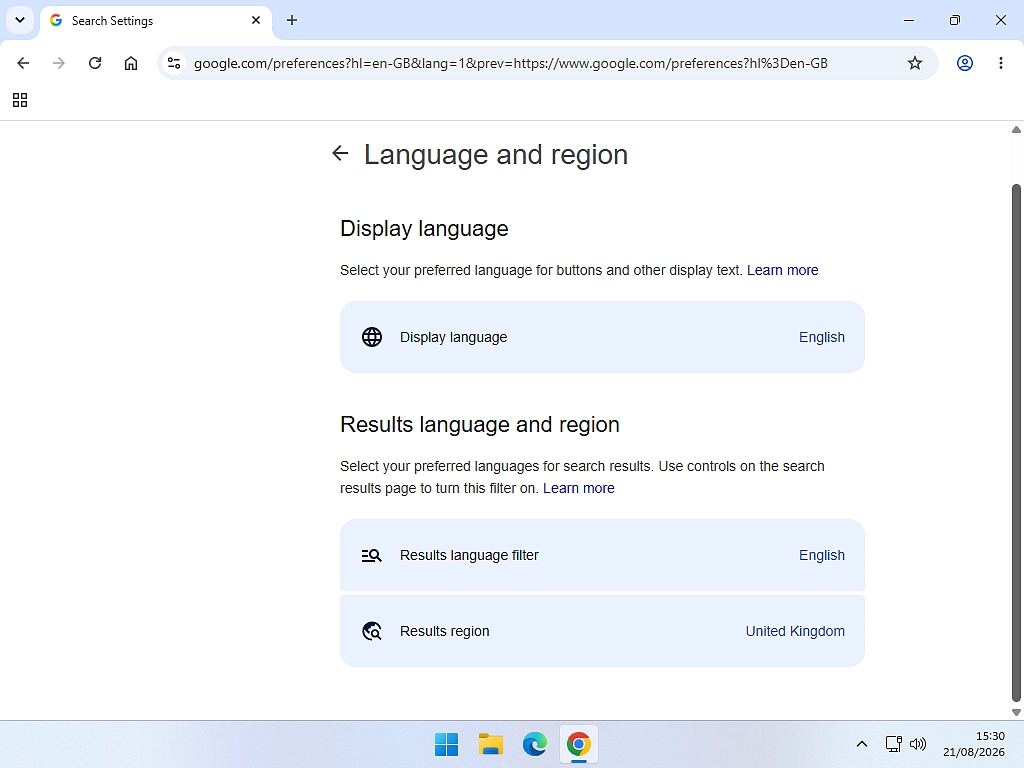 Setting the results region to United Kingdom in Google search settings.