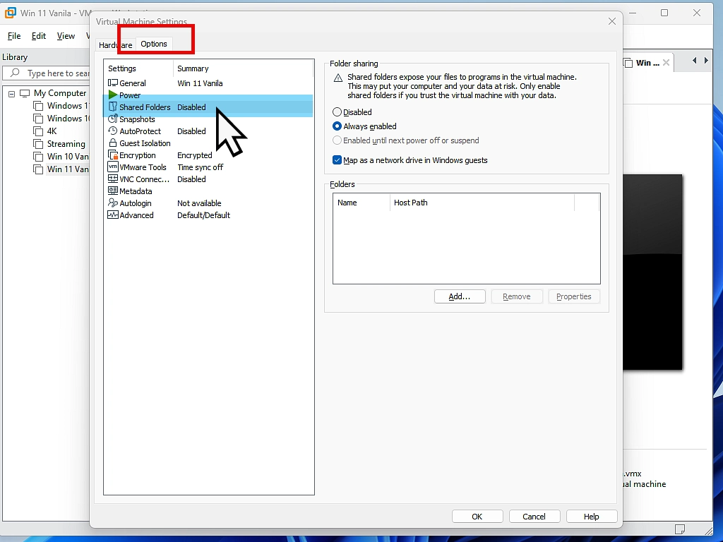 Shared folder options in VMware Enable shared folder and settings.