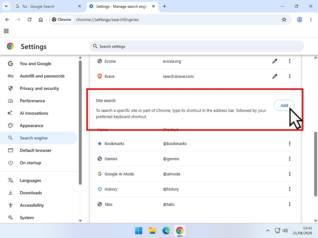 Adding Google search engine when it is missing from options list.