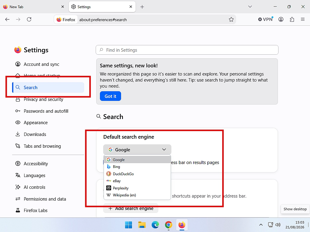 Choosing Google from the Default Search Engine dropdown in Firefox.