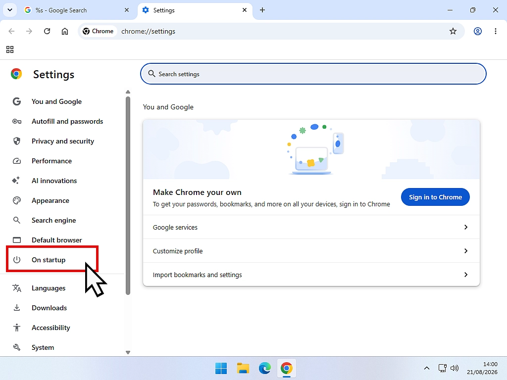 The On Startup option in Google Chrome settings is indicated.