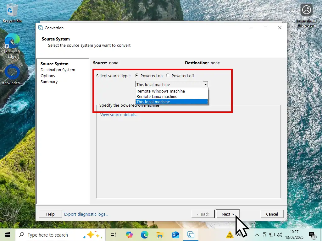 Selecting the source files to be converted into a VM. This Local Machine is selected.