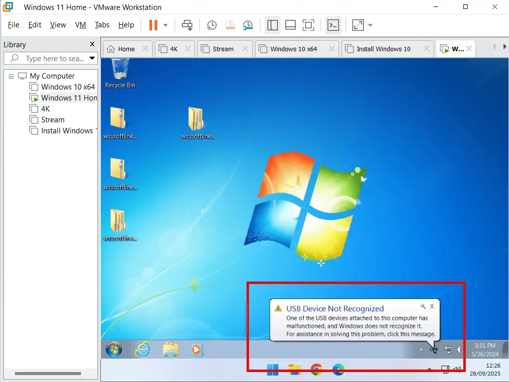 USB device not recognised message.
