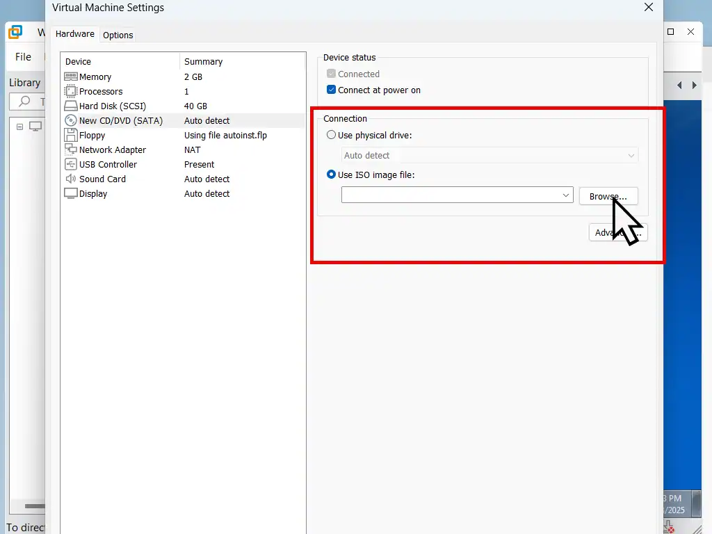 Mount ISO file as a virtual CD/DVD in VMware.