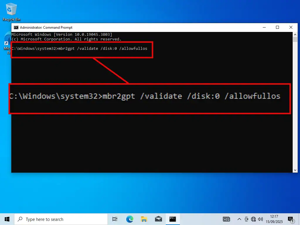 mbr2gpt /validate /disk:0 /allowfullos