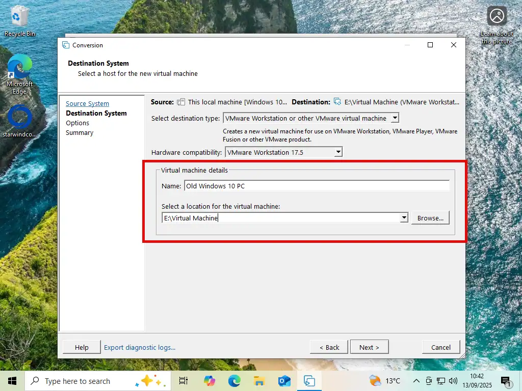 A name for the VM and the destination of the saved file has been entered.