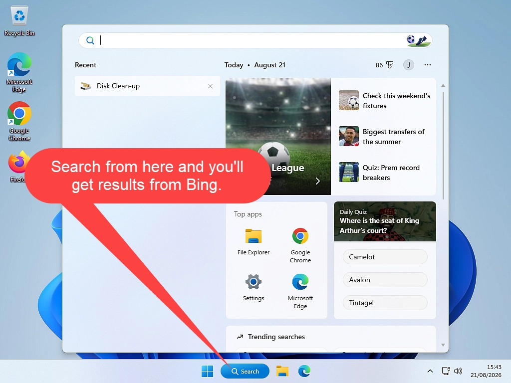 The Windows 11 taskbar search bar opening Bing results in Edge.