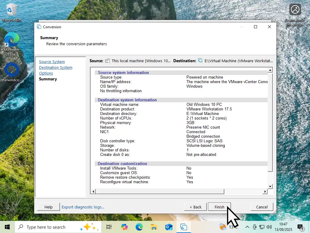 vCenter Converter Standalone Summary screen Summary screen for converting a physical PC into a virtual machine using VMware vCenter Converter.
