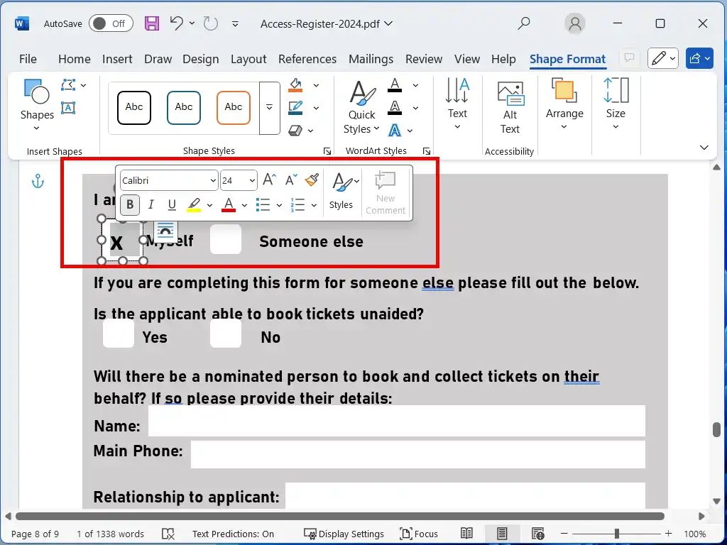 Adding an X to a blank box on a PDF form in Word.