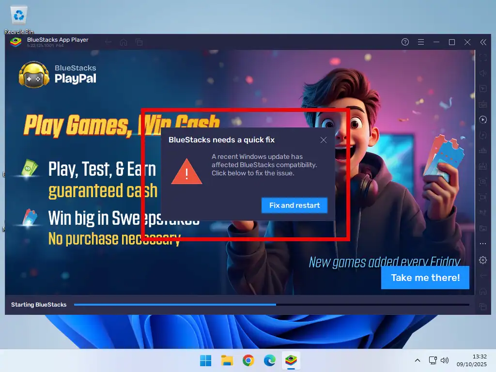 BlueStacks needs a quick fix error message on start-up