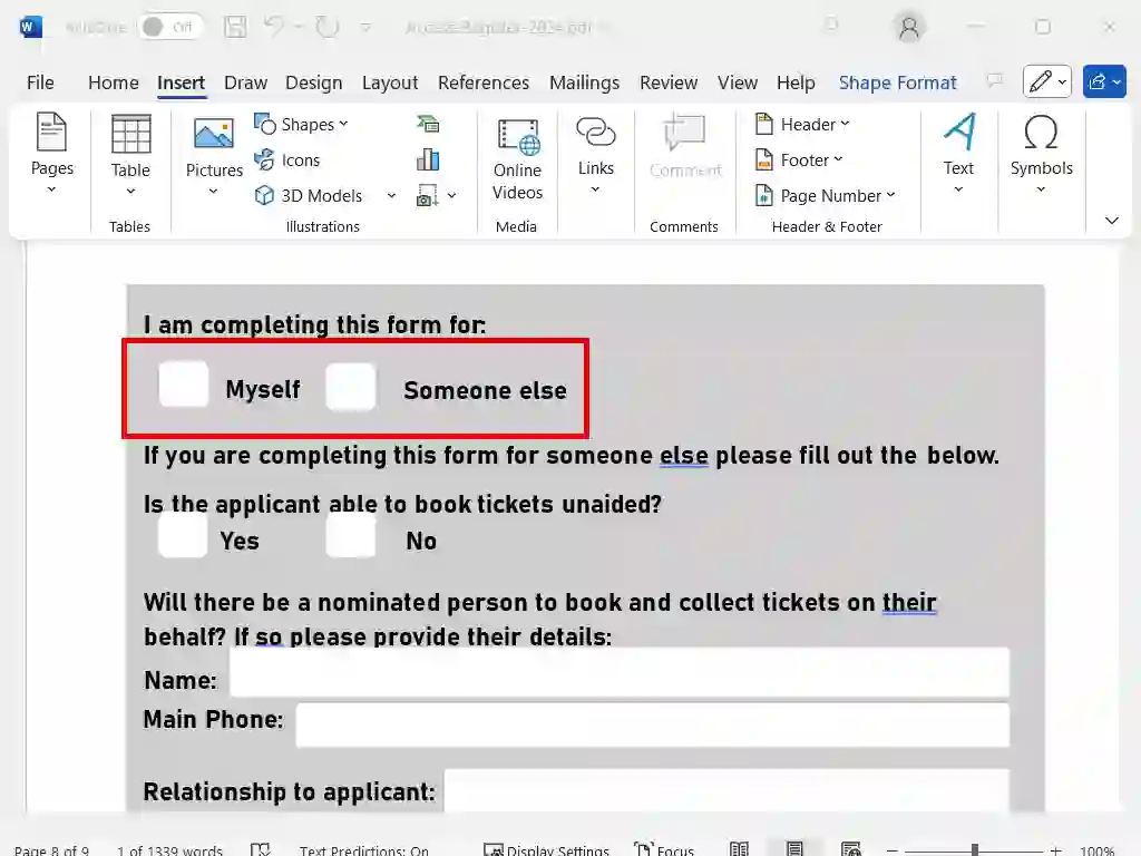 Blank boxes that require a check mark.