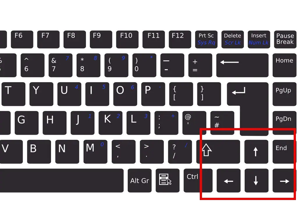 Direction arrows are highlighted on a standard UK keyboard.